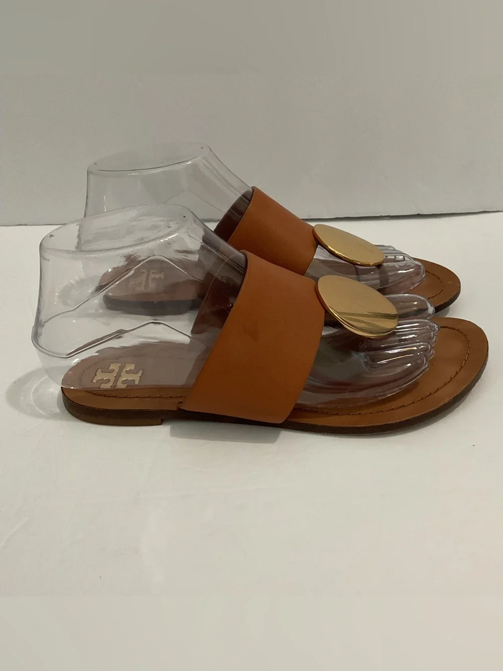 Tory Burch Patos Gold Disk Luxury Leather Top & Bottom Sandal Mou Cognac Brown 6